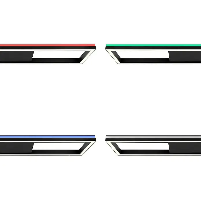 Brilliant LED-Panel Icarus - L x B x H: 100 x 25 x 7,5 cm, 37 W, Schwarz, Warmweiß - Vier abstrakte Grafikelemente mit farbigen Streifen (rot, grün, blau, grau) und schwarzem eckigem Rahmen.