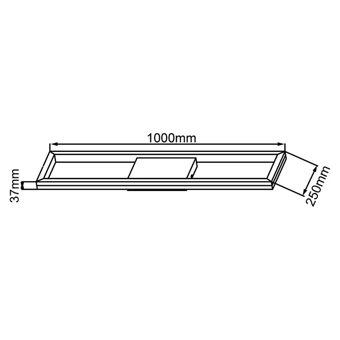 Brilliant LED-Panel Icarus - L x B x H: 100 x 25 x 7,5 cm, 37 W, Schwarz, Warmweiß - Skizze einer rechteckigen Ablaufrinne mit den Maßen 1000 mm Länge, 250 mm Breite und 37 mm Höhe für den Außenbereich.