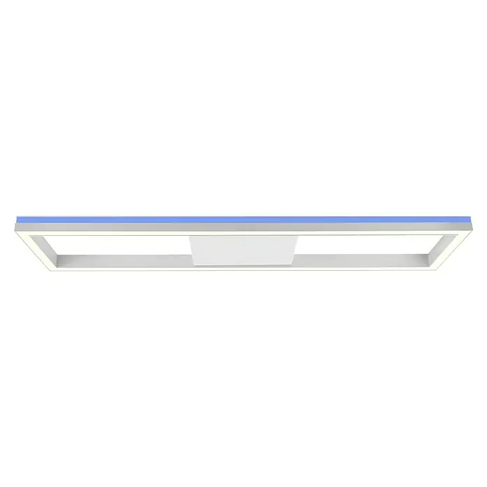 Brilliant LED-Panel Icarus - L x B x H: 100 x 25 x 7,5 cm, 37 W, Weiß, Warmweiß - Nahaufnahme einer rechteckigen weißen Deckenleuchte mit blauer Akzentbeleuchtung, die ein modernes und helles Design zeigt.