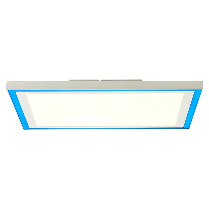 Brilliant LED-Panel Lanette - 24 W, L x B x H: 40 x 40 x 5 cm, Weiß, Warmweiß - Das Bild zeigt eine LED-Deckenleuchte mit blauer Umrandung und einem rechteckigen, hell beleuchteten Zentrum. Das Design ist modern und minimalistisch.