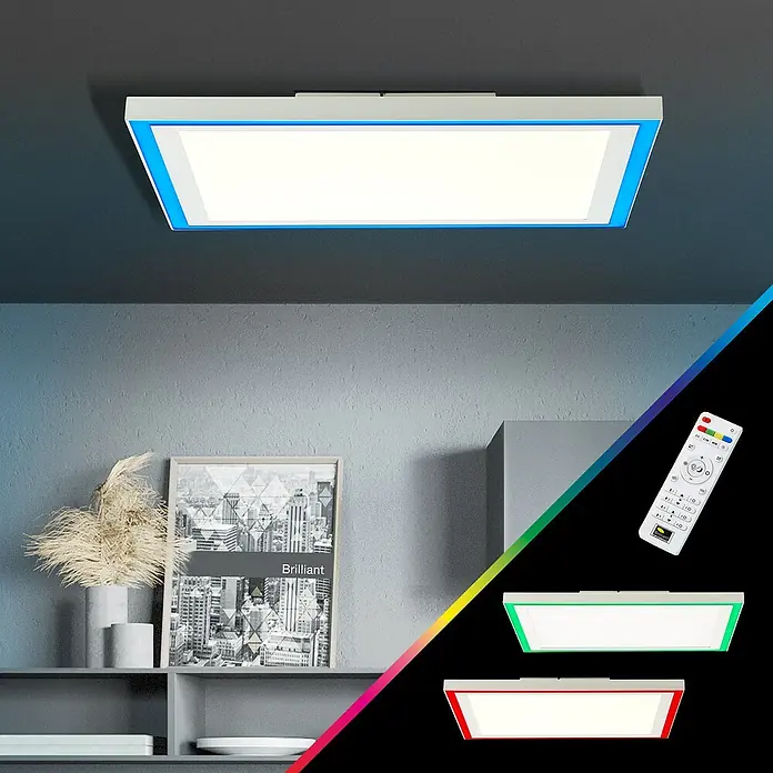 Brilliant LED-Panel Lanette - 24 W, L x B x H: 40 x 40 x 5 cm, Weiß, Warmweiß - Moderne LED Deckenleuchte mit Farbwechsel. Die Lampe ist rechteckig und hat einen blauen Rahmen. Sie wird mit einer Fernbedienung gesteuert.