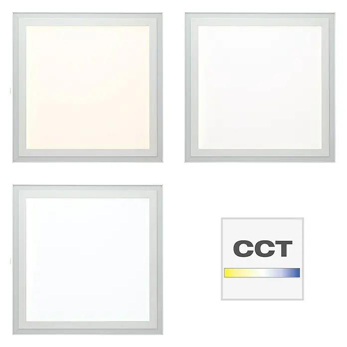 Brilliant LED-Panel Lanette - 24 W, L x B x H: 40 x 40 x 5 cm, Weiß, Warmweiß - Abbildung von LED-Panels in verschiedenen Farbtemperaturen mit einer CCT-Farbtemperaturskala zur Referenz.