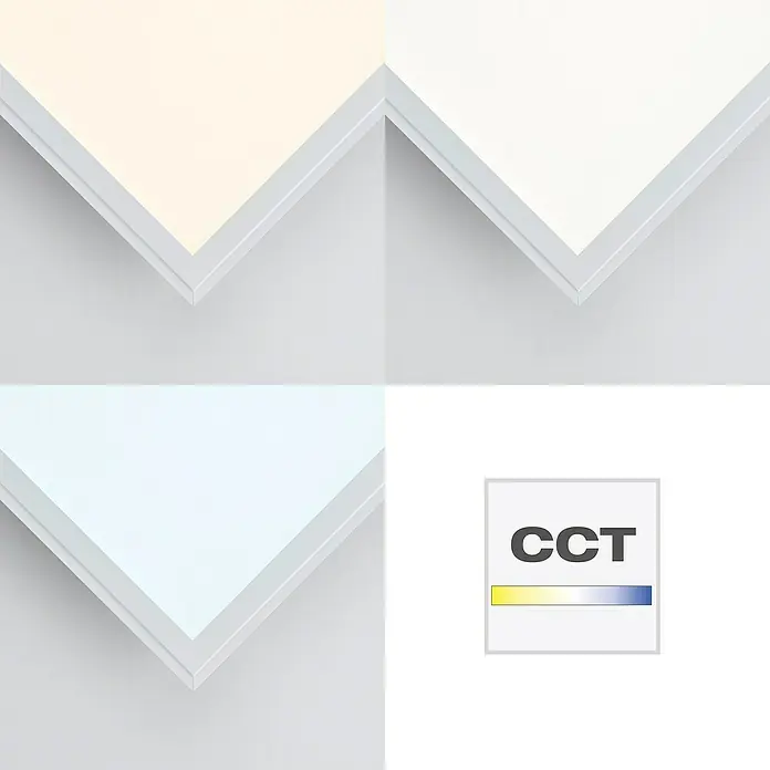 Brilliant LED-Panel Allie - L x B x H: 39,6 x 39,6 x 5,3 cm, 24 W, Weiß - Nahaufnahme eines LED-Panels mit verstellbarer Farbtemperatur (CCT), dargestellt durch Farbvarianten und ein CCT-Diagramm.