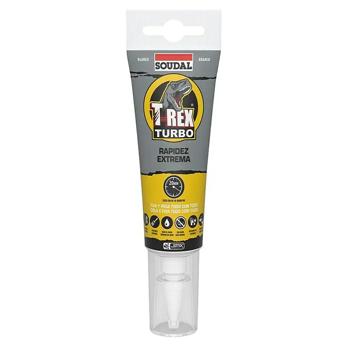 Soudal Pegamento adhesivo T-Rex Turbo - 125 ml - El cartucho Soudal T-Rex Turbo, un adhesivo de curado rápido con alta fuerza de unión. Ideal para la unión interior y exterior rápida y fiable.