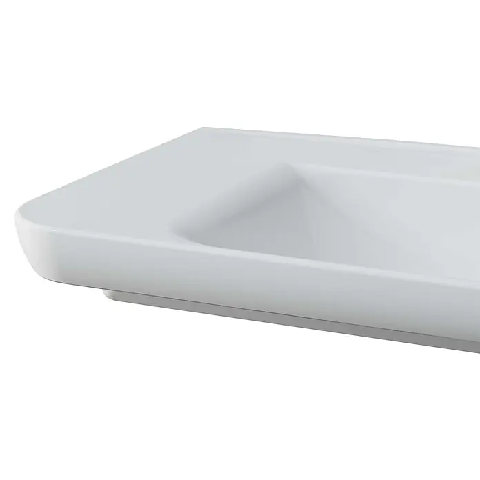 VitrA Sento Waschtisch - 98 x 48,5 cm, Weiß - Nahaufnahme eines modernen, weißen Waschbeckens. Das minimalistische Design und die klaren Linien des Waschbeckens stehen im Fokus.