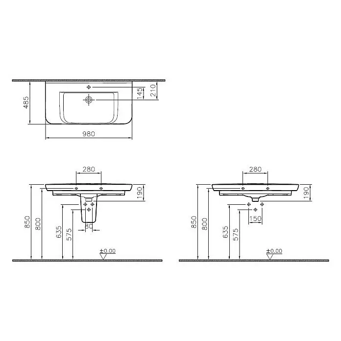 VitrA Sento Waschtisch - 98 x 48,5 cm, Weiß - Bemaßte technische Zeichnung einer breiten Einzelspüle, mit Ober-, Front- und Seitenansichten und Installationsdetails.