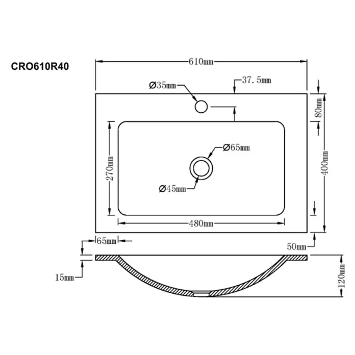 Lavabo Cristal - 61 x 40 cm, Orificios para grifo: Medio, Sin desbordamiento, Agua marina - Dibujo técnico de un lavabo CRO610R40, mostrando las dimensiones para la instalación y el diseño, incluidos los diámetros de los orificios.