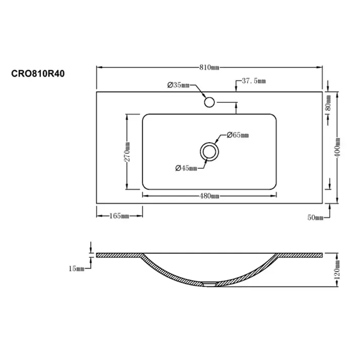 Lavabo Cristal - 81 x 40 cm, Orificios para grifo: Medio, Sin desbordamiento, Blanco oxido - Dibujo técnico del lavabo CRO810R40, mostrando dimensiones, perforaciones y sección transversal.