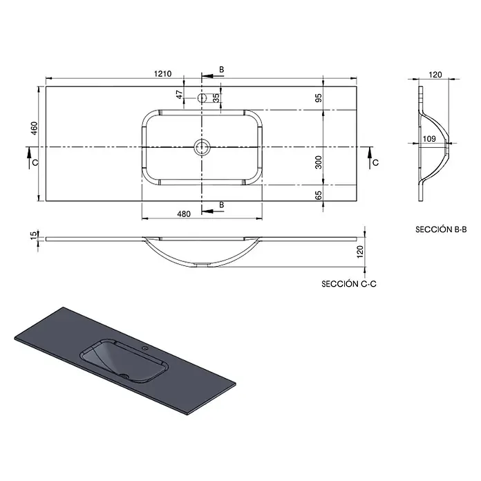 Lavabo Cristal - 121 x 46 cm, Orificios para grifo: Medio, Sin desbordamiento, Verde - Dibujo técnico de un mueble de lavabo con lavabo, que muestra dimensiones y secciones transversales para la instalación.