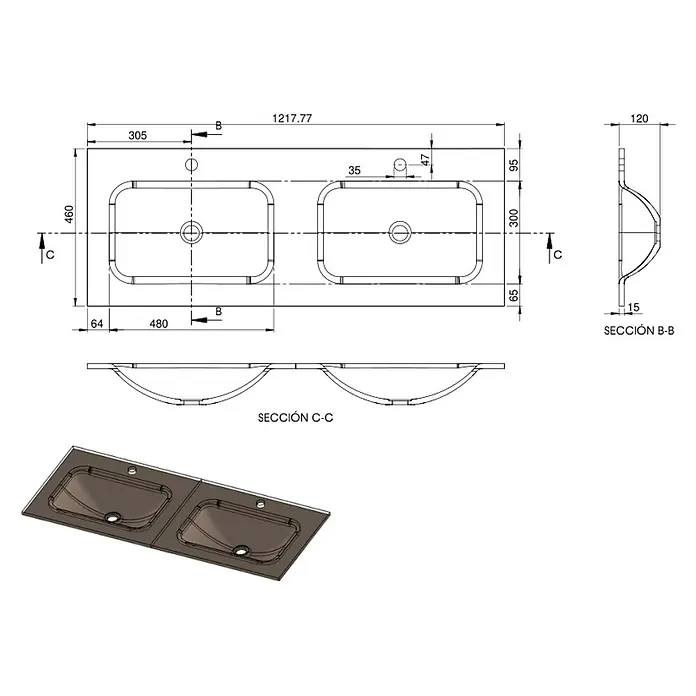 Lavabo doble Cristal - 121 x 46 cm, Orificios para grifo: Medio, Rojo, Vidrio - Dibujo técnico de un lavabo doble con dimensiones detalladas para diseño e instalación.