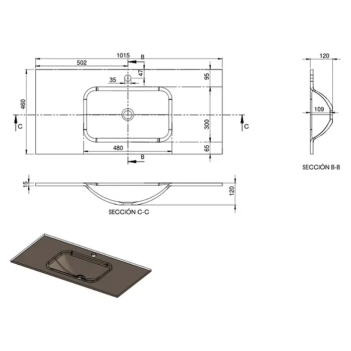 Lavabo Cristal - 101 x 46 cm, Orificios para grifo: Medio, Sin desbordamiento, Chocolate - Dibujo técnico de un lavabo con todas las dimensiones y vistas para una representación detallada.