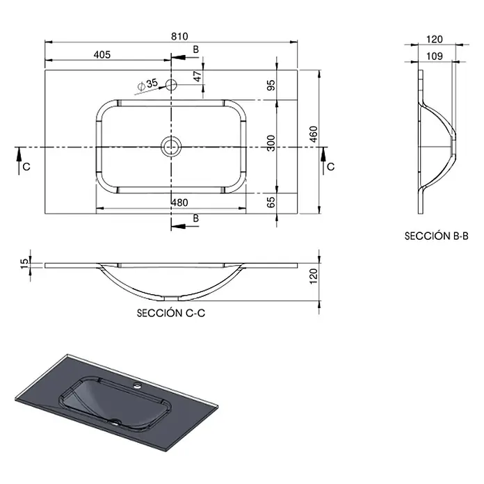 Lavabo Cristal - 81 x 46 cm, Orificios para grifo: Medio, Sin desbordamiento, Vino tinto - Dibujo técnico de un lavabo con dimensiones y vistas de sección, mostrando la forma y construcción del producto.