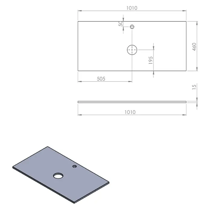 Encimera para lavabo Mineral centro - L x An x Al: 46 x 101 x 1,5 cm, Blanco - Diagrama del producto de una placa rectangular con dos orificios, dimensiones detalladas para fines técnicos.