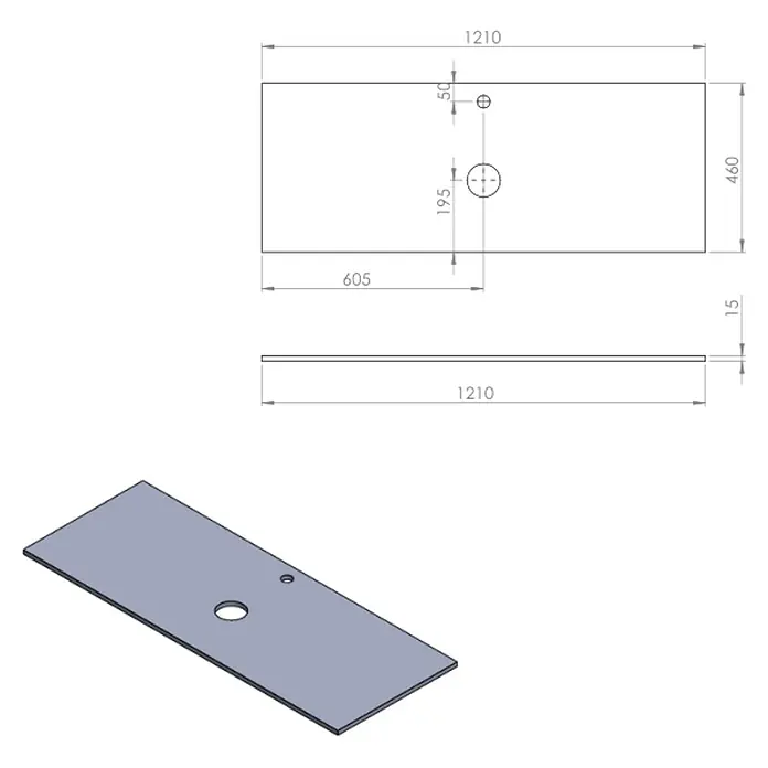 Encimera para lavabo Mineral centro - L x An x Al: 46 x 121 x 1,5 cm, Blanco - Ilustración de un lavabo, dimensiones 1210 x 460 x 15 mm. El lavabo tiene dos orificios, uno a 605 mm y el otro a 50 mm.