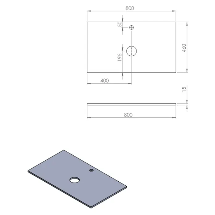 Encimera para lavabo Mineral centro - L x An x Al: 46 x 80 x 1,5 cm, Gris - Ilustración de una placa rectangular con dos agujeros, dimensiones 800 x 460 x 15 mm, mostrada en diferentes vistas.