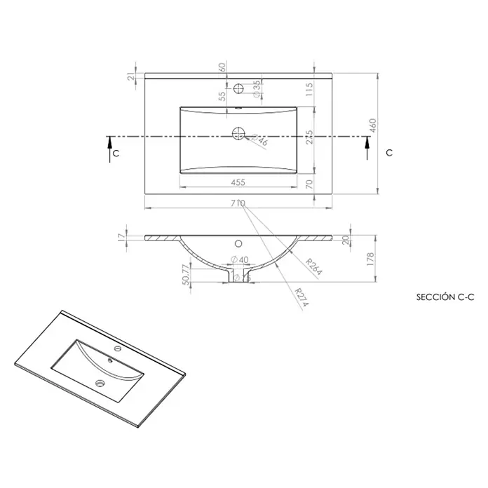 Lavabo Titán - 71 x 46 cm, Orificios para grifo: Medio, Con desbordamiento, Blanco - Dibujo técnico de un lavabo con dimensiones, incluyendo vista superior, vista lateral y vista isométrica.