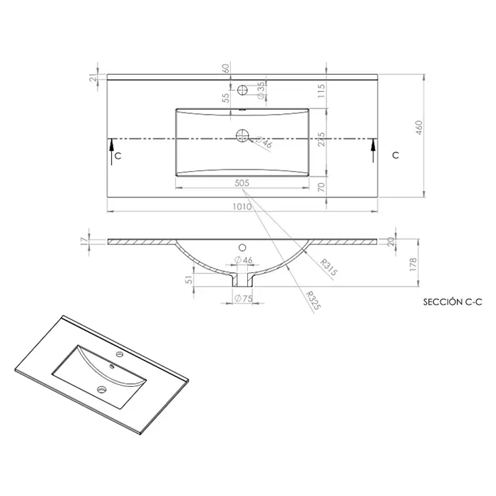 Conjunto de mueble de baño Danubio - Ancho: 100 cm, Blanco, 3 pzs. - Dibujo técnico de un lavabo con dimensiones y vistas detalladas, incluyendo vista superior, sección transversal y vista en perspectiva.