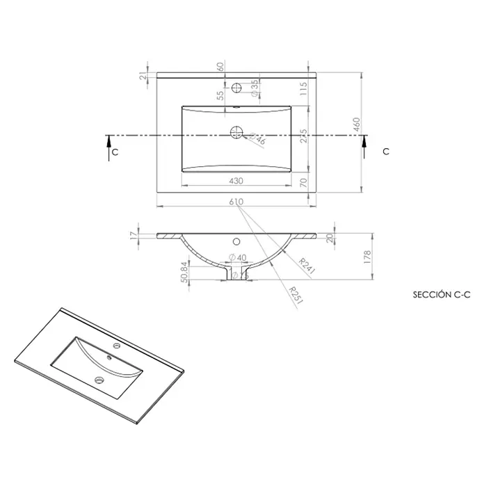 Conjunto de mueble de baño Danubio - Ancho: 60 cm, Blanco, 3 pzs. - Dibujo detallado de un lavabo con dimensiones precisas para diseño e instalación, incluyendo vista superior y sección transversal.