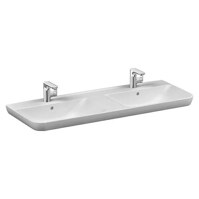VitrA Sento Doppelwaschtisch - 130 x 48 cm, Weiß - Weißes Doppelwaschbecken mit zwei Chromarmaturen.