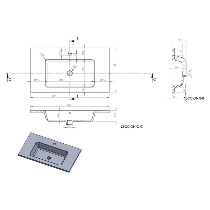 Lavabo Zeppelin mate - 80,5 x 45,5 cm, Orificios para grifo: Medio, Con desbordamiento, Blanco - Dibujo técnico de un lavabo con dimensiones y vistas, incluyendo una vista isométrica del producto.