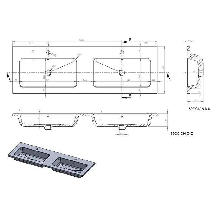 Lavabo doble Zeppelin - 140,5 x 45,5 cm, Orificios para grifo: Medio, Blanco mate - Dibujo técnico de un lavabo doble con dimensiones y vistas, incluyendo una representación en 3D.