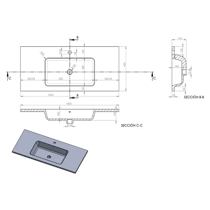Lavabo Zeppelin - 100,5 x 45,5 cm, Orificios para grifo: Medio, Con desbordamiento, Blanco - Dibujo técnico de un lavabo moderno con poza rectangular, incluyendo dimensiones y vistas detalladas.