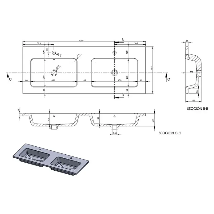 Lavabo doble Zeppelin - 120,5 x 45,5 cm, Grafito - Dibujo técnico de una encimera de lavabo doble, mostrando dimensiones y secciones transversales para una visualización detallada.