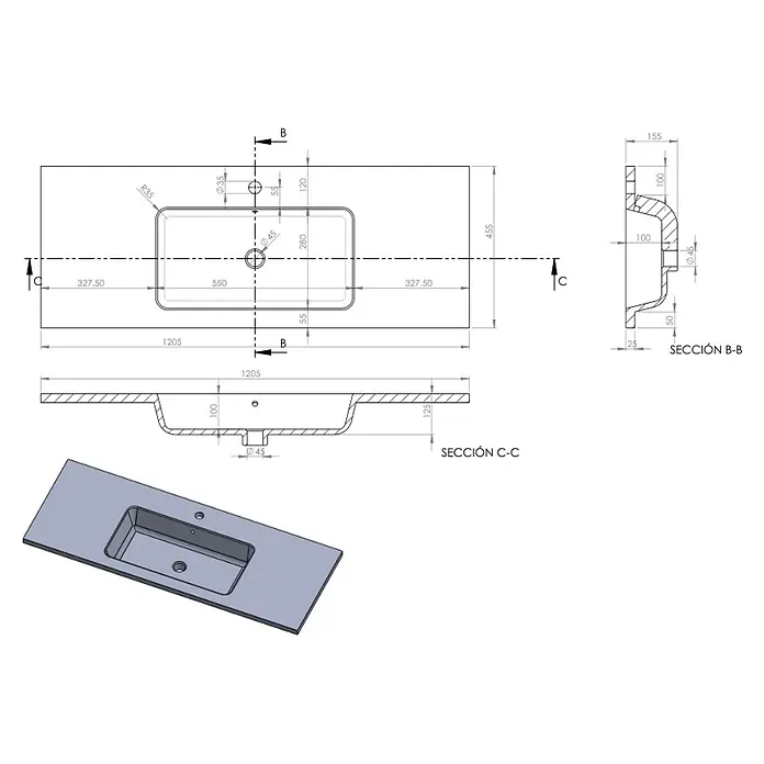 Lavabo Zeppelin - 120,5 x 45,5 cm, Orificios para grifo: Medio, Con desbordamiento, Blanco - Dibujo técnico de una encimera de lavabo moderna con lavabo rectangular, incluyendo dimensiones detalladas y vistas en sección.