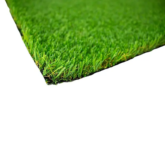 Césped artificial Varadero - 5 x 1 m, Altura del pelo: 20 mm, 17.850 puntadas/m² - Primer plano de un trozo de césped artificial, que muestra una superficie verde y cuidada y un pelo denso y suave.