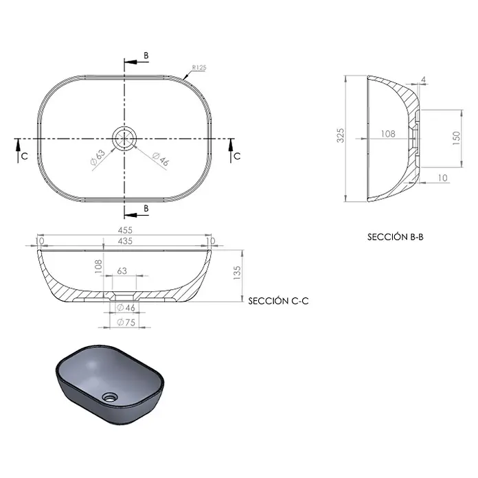Lavabo de sobremesa Stadium - 32,5 x 45,5 cm, Sin desbordamiento, Blanco brillo - Dibujo técnico de un lavabo sobre encimera moderno con medidas para diseño e instalación.