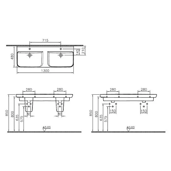 VitrA Sento Doppelwaschtisch - 130 x 48 cm, Weiß - Technische Zeichnung eines Doppelwaschbeckens, zeigt Draufsicht, Vorderansicht und Seitenansicht mit Maßen zur Installation.