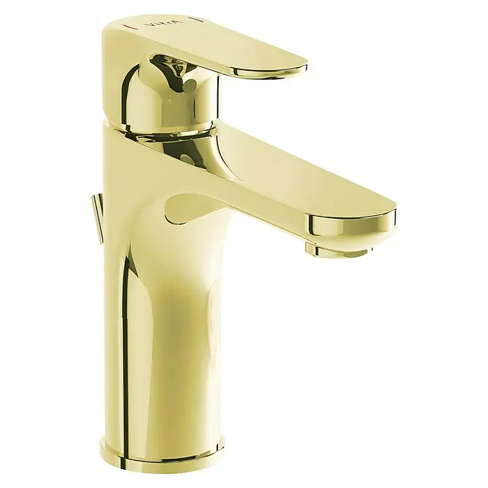 VitrA Waschtischarmatur Root Round - Gold - Nahaufnahme einer glänzenden goldenen Armatur mit schlankem Design, die Luxus und moderne Badästhetik vereint.