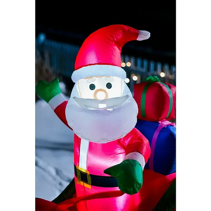 Figura LED navideña Papá Noel hinchable con renos - 180 x 75 x 140 cm, Multicolor, Funcionamiento en red, LED - Papá Noel inflable con regalos. Una decoración navideña festiva y alegre que propaga el espíritu navideño.
