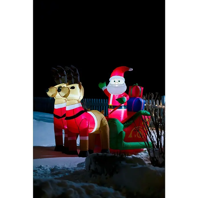 Figura LED navideña Papá Noel hinchable con renos - 180 x 75 x 140 cm, Multicolor, Funcionamiento en red, LED - Figuras iluminadas de Papá Noel y renos en la nieve, difundiendo alegría festiva en la oscuridad.