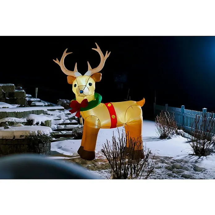 Figura LED navideña Reno - 175 x 56 x 213 cm, Multicolor, Funcionamiento en red, LED - Reno inflable iluminado en la nieve como decoración navideña de jardín, con lazo y astas para un encanto festivo.