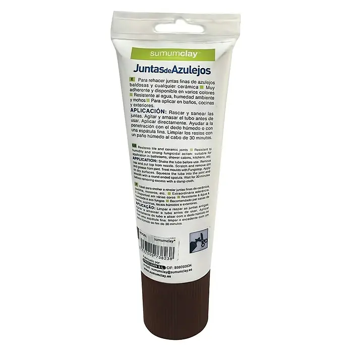 Masilla Juntas de Azulejos - Nogal, 200 ml - Imagen de un tubo de rejuntador para azulejos Sumumclay, ideal para reparar juntas en baños y cocinas, resistente a la humedad.