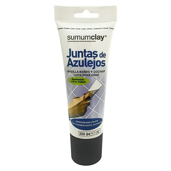 Masilla Juntas de Azulejos - Gris, 200 ml - Imagen de un tubo de lechada para azulejos Sumumclay, ideal para baños y cocinas, con una fórmula impermeable y antimoho.