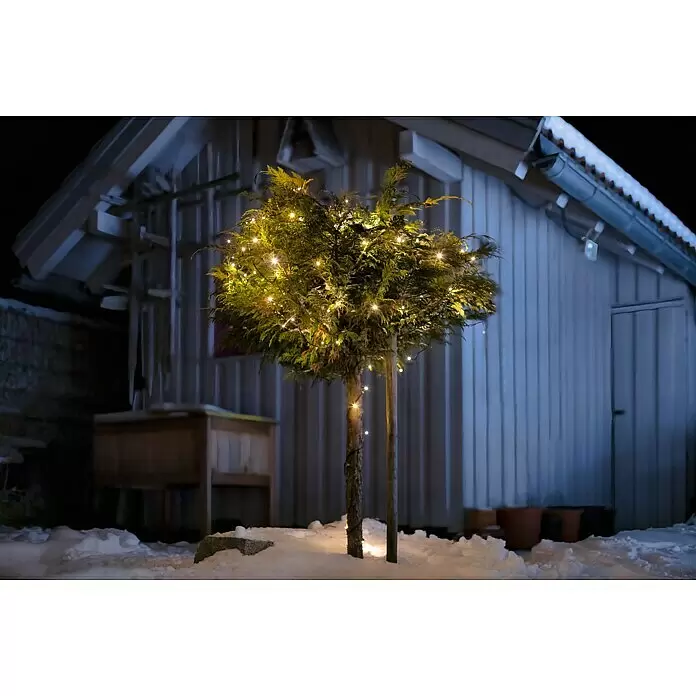 Tween Light LED-Lichterkette - Außen, Lichtfarbe: Warmweiß, Anzahl Leuchtmittel: 400 Stk., Netzbetrieben, 65 m - Warmweiße Lichterkette, die einen kleinen Nadelbaum in einem verschneiten Garten nachts vor einem Holzschuppen beleuchtet.