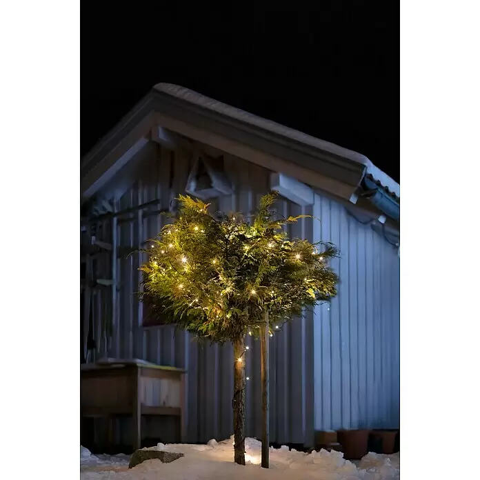 Tween Light LED-Lichterkette - Außen, Lichtfarbe: Warmweiß, Anzahl Leuchtmittel: 400 Stk., Netzbetrieben, 65 m - Kleiner Baum mit warmweißen Lichterketten steht nachts im Schnee vor einem Holzgebäude.