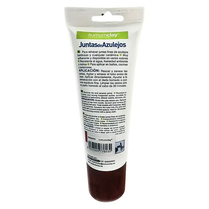 Masilla Juntas de Azulejos - Terracota, 200 ml - Imagen de un tubo de lechada para azulejos Sumumclay color terracota, ideal para reparar juntas en baños y cocinas.