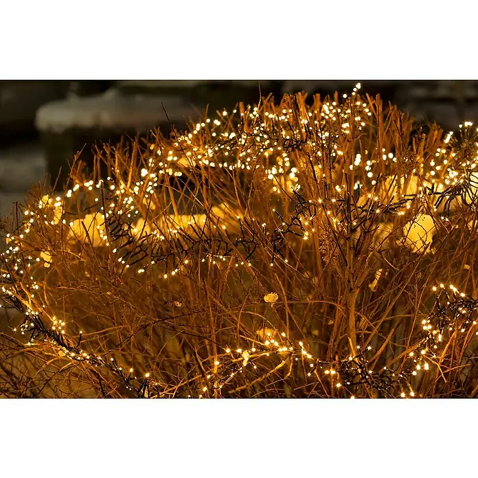Tween Light Cadena de luces LED - Para exterior, Largo: 19,8 m, 2.000 ud., Funcionamiento en red, Color de luz: Blanco cálido - Un arbusto adornado con luces cálidas blancas crea un ambiente festivo y acogedor en el jardín.