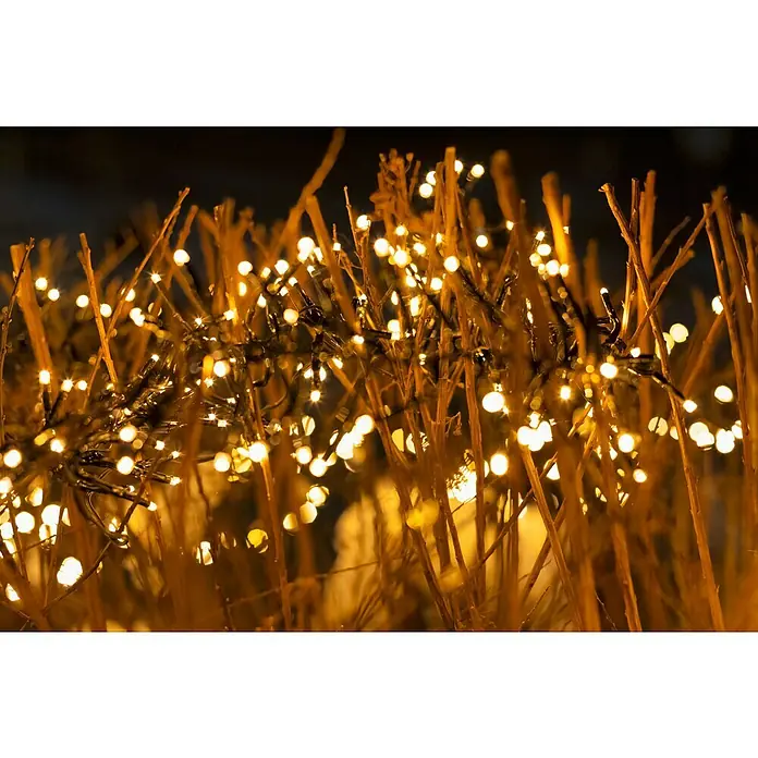 Tween Light Cadena de luces LED - Para exterior, Largo: 19,8 m, 2.000 ud., Funcionamiento en red, Color de luz: Blanco cálido - Primer plano de luces amarillas cálidas entrelazadas entre ramas, creando un ambiente acogedor y festivo.