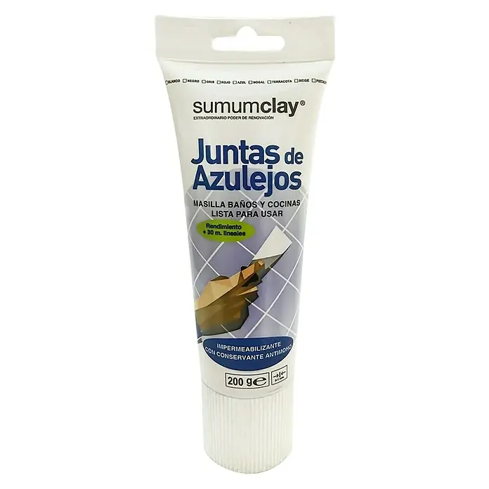 Masilla Juntas de Azulejos - Blanco, 200 ml - Primer plano de un tubo de masilla para juntas Sumumclay para baños y cocinas, lista para usar y con efecto antimoho.