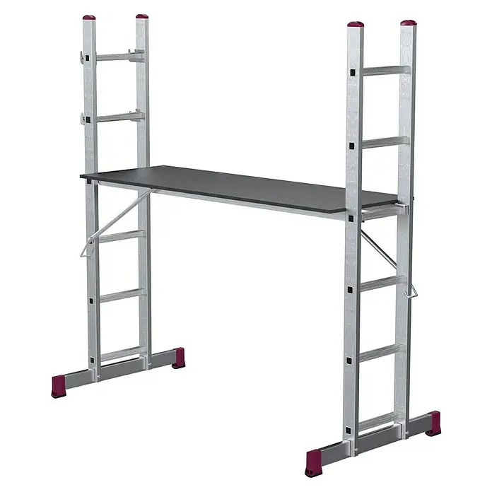 Krause Corda LeitergerüstArbeitshöhe: 2,95 m - 3,75 m, Bühnengröße: 1,47 x 0,5 m, Belastbarkeit: 150 kg/m², 12 Stk. - Abgebildetes Produkt: Ein rollbares Gerüst mit einer grauen Plattform und robusten silbernen Stützen für sichere Arbeiten in der Höhe.