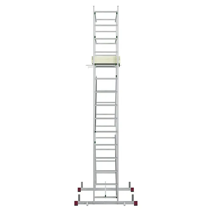 Krause Corda Montagegerüst - Arbeitshöhe: 5 m - Das Bild zeigt eine lange, ausziehbare Aluminiumleiter mit breiter Basis und sicherer Plattform, ideal für Profis.