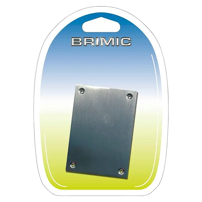 Micel Brimic Placa corta ciega - Plateado - Imagen del producto de una placa metálica Brimic en un embalaje transparente con fondo azul y amarillo.