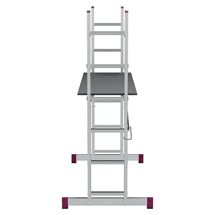 Krause Corda LeitergerüstArbeitshöhe: 2,95 m - 3,75 m, Bühnengröße: 1,47 x 0,5 m, Belastbarkeit: 150 kg/m², 12 Stk. - Nahaufnahme einer Mehrzweckleiter mit Plattform, ideal für verschiedene Arbeiten in sicherer Höhe.