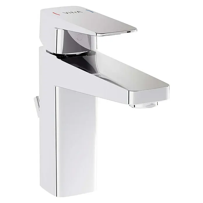 VitrA Waschtischarmatur Root Square - Chrom - Detaillierte Aufnahme eines modernen, verchromten Waschtischhahns, der durch sein minimalistisches Design und seine glänzende Oberfläche besticht.