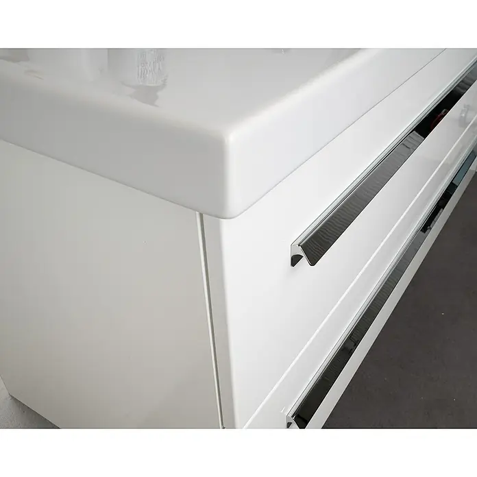 Lanzet K1 Waschtischunterschrank - 59,2 x 44,3 x 48,3 cm, Grafit - Weißer Waschtischunterschrank mit glänzender Oberfläche und Schubladen mit Griffleisten. Zeitloses Design für moderne Badezimmer.