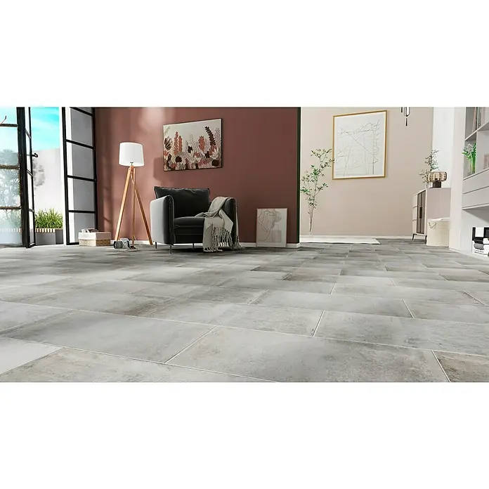 Feinsteinzeugfliese Urban Beton - 30 x 60,4 cm, Grau, Matt - Graue Fliesen mit einem subtilen Muster, die einen eleganten und modernen Bodenbelag für Innenräume bieten.